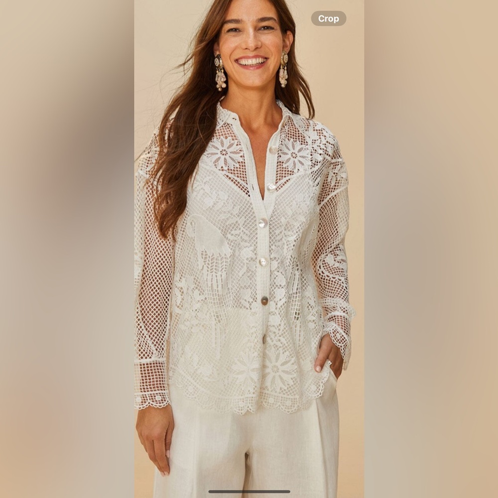 FARM Rio Cream Lace Button-Down Blouse